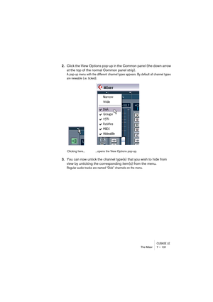 Page 131CUBASE LEThe Mixer 7 – 131
2.Click the View Options pop-up in the Common panel (the down arrow 
at the top of the normal Common panel strip).
A pop-up menu with the different channel types appears. By default all channel types 
are viewable (i.e. ticked).
3.You can now untick the channel type(s) that you wish to hide from 
view by unticking the corresponding item(s) from the menu.
Regular audio tracks are named “Disk” channels on the menu.
Clicking here... ...opens the View Options pop-up. 