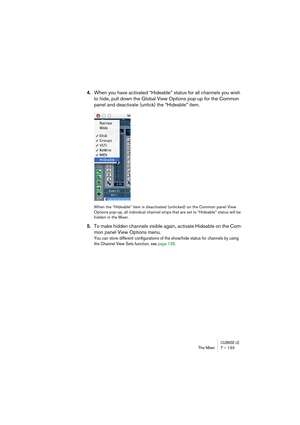 Page 133CUBASE LEThe Mixer 7 – 133
4.When you have activated “Hideable” status for all channels you wish 
to hide, pull down the Global View Options pop-up for the Common 
panel and deactivate (untick) the “Hideable” item.
When the “Hideable” item is deactivated (unticked) on the Common panel View 
Options pop-up, all individual channel strips that are set to “Hideable” status will be 
hidden in the Mixer.
5.To make hidden channels visible again, activate Hideable on the Com-
mon panel View Options menu.
You can...