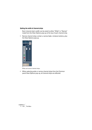 Page 134CUBASE LE7 – 134 The Mixer
Setting the width of channel strips
Each channel strip’s width can be sized to either “Wide” or “Narrow” 
mode from the View Options pop-up at the top of each channel strip.
•Narrow channel strips contain a narrow fader, miniature buttons, plus 
the View Options pop-up.
Wide and narrow channel strips.
•When selecting wide or narrow channel strips from the Common 
panel View Options pop-up, all channel strips are affected. 