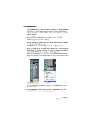 Page 135CUBASE LEThe Mixer 7 – 135
Channel View Sets
Channel View Sets are user definable configurations of the Mixer win-
dow. If you are working with a large number of channels, it may be 
convenient to be able to hide certain channels (or channel types). Pro-
ceed as follows:
1.Set up the Mixer the way you wish to store it as a View Set.
The following settings will be stored:
• Settings for individual channel strips (e. g. narrow or wide mode and whether 
the channel strip is hidden or not).
• The hide/show...