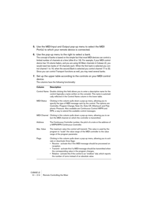 Page 214CUBASE LE10 – 214 Remote Controlling the Mixer
5.Use the MIDI Input and Output pop-up menu to select the MIDI 
Port(s) to which your remote device is connected.
6.Use the pop-up menu to the right to select a bank.
The concept of banks is based on the simple fact that most MIDI devices can control a 
limited number of channels at a time (often 8 or 16). For example, if your MIDI control 
device has 16 volume faders, and you are using 32 Mixer channels in Cubase LE, you 
would need two banks of 16 channels...