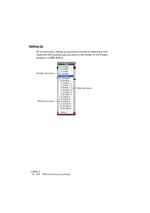 Page 334CUBASE LE18 – 334 MIDI processing and quantizing
Setting Up
At its most basic, setting up quantizing consists of selecting a note 
value from the Quantize pop-up menu on the toolbar (in the Project 
window or a MIDI Editor).
Straight note values
Triplet note values
Dotted note values 