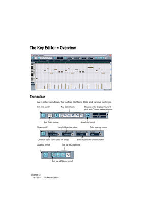 Page 354CUBASE LE19 – 354 The MIDI Editors
The Key Editor – Overview 
The toolbar
As in other windows, the toolbar contains tools and various settings.
Info line on/off
Edit Solo buttonKey Editor tools
AutoScroll on/offMouse pointer display: Current 
pitch and Current meter position
Snap on/off
Quantize value (also used for Snap)Length Quantize value
Velocity value for created notesColor pop-up menu
Audition on/off
Edit via MIDI input on/offEdit via MIDI options 