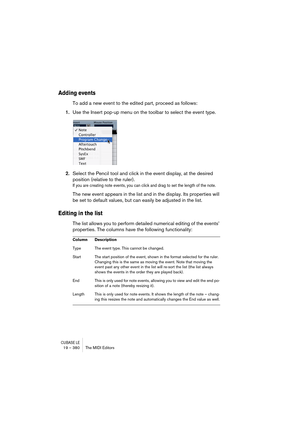 Page 380CUBASE LE19 – 380 The MIDI Editors
Adding events
To add a new event to the edited part, proceed as follows:
1.Use the Insert pop-up menu on the toolbar to select the event type.
2.Select the Pencil tool and click in the event display, at the desired 
position (relative to the ruler).
If you are creating note events, you can click and drag to set the length of the note.
The new event appears in the list and in the display. Its properties will 
be set to default values, but can easily be adjusted in the...