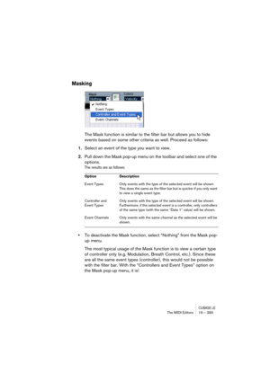Page 383CUBASE LEThe MIDI Editors 19 – 383
Masking
The Mask function is similar to the filter bar but allows you to hide 
events based on some other criteria as well. Proceed as follows:
1.Select an event of the type you want to view.
2.Pull down the Mask pop-up menu on the toolbar and select one of the 
options.
The results are as follows:
•To deactivate the Mask function, select “Nothing” from the Mask pop-
up menu.
The most typical usage of the Mask function is to view a certain type 
of controller only (e.g....