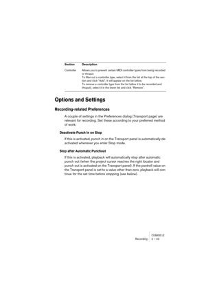 Page 43CUBASE LERecording 2 – 43
Options and Settings
Recording-related Preferences
A couple of settings in the Preferences dialog (Transport page) are 
relevant for recording. Set these according to your preferred method 
of work:
Deactivate Punch In on Stop
If this is activated, punch in on the Transport panel is automatically de-
activated whenever you enter Stop mode.
Stop after Automatic Punchout
If this is activated, playback will automatically stop after automatic 
punch out (when the project cursor...