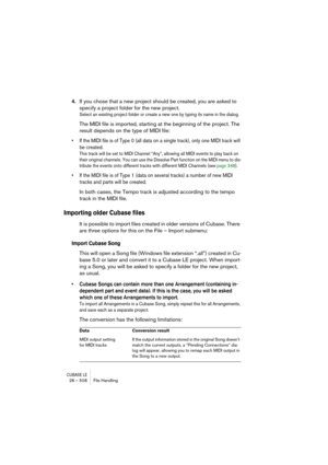 Page 508CUBASE LE28 – 508 File Handling
4.If you chose that a new project should be created, you are asked to 
specify a project folder for the new project.
Select an existing project folder or create a new one by typing its name in the dialog.
The MIDI file is imported, starting at the beginning of the project. The 
result depends on the type of MIDI file:
• If the MIDI file is of Type 0 (all data on a single track), only one MIDI track will 
be created.
This track will be set to MIDI Channel “Any”, allowing...