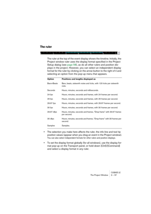 Page 57CUBASE LEThe Project Window 3 – 57
The ruler
The ruler at the top of the event display shows the timeline. Initially, the 
Project window ruler uses the display format specified in the Project 
Setup dialog (see page 58), as do all other rulers and position dis-
plays in the project. However, you can select an independent display 
format for the ruler by clicking on the arrow button to the right of it and 
selecting an option from the pop-up menu that appears.
•The selection you make here affects the...