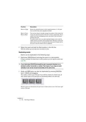 Page 76CUBASE LE3 – 76 The Project Window
•Select the event and edit the Start position in the info line.
With this method, you can only move one event at a time.
Duplicating events
Events can be duplicated in the following ways:
•Hold down [Alt]/[Option] and drag the event to a new position.
If Snap is activated, this determines to which positions you can copy the events (see 
page 90). 
❐If you hold down [Ctrl]/[Command] as well, movement direction is re-
stricted to either horizontal or vertical. That means...