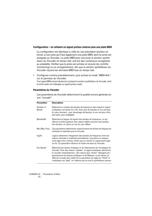 Page 42CUBASE LE Paramètres d’effets
42
Configuration – en utilisant un signal porteur externe plus une piste MIDI
La configuration est identique à celle du cas précédent (porteur ex-
terne), à ceci près qu’il faut également une piste MIDI, dont la sortie est 
assignée au Vocoder. La piste MIDI peut soit jouer la section synthé-
tiseur du Vocoder en temps réel, soit lire des conteneurs enregistrés 
au préalable. Vérifiez que la piste est activée en écoute de contrôle 
(monitoring) ou en enregistrement, afin que...
