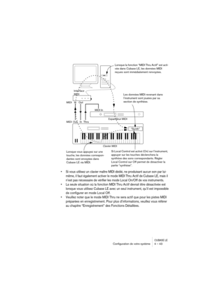 Page 43CUBASE LEConﬁguration de votre système 4 – 43
• Si vous utilisez un clavier maître MIDI dédié, ne produisant aucun son par lui-
même, il faut également activer le mode MIDI Thru Actif de Cubase LE, mais il 
n’est pas nécessaire de vérifier les mode Local On/Off de vos instruments.
• La seule situation où la fonction MIDI Thru Actif devrait être désactivée est 
lorsque vous utilisez Cubase LE avec un seul instrument, qu’il est impossible 
de configurer en mode Local Off.
• Veuillez noter que le mode MIDI...