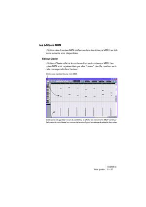 Page 57CUBASE LEVisite guidée 5 – 57
Les éditeurs MIDI
L’édition des données MIDI s’effectue dans les éditeurs MIDI. Les édi-
teurs suivants sont disponibles.
Éditeur Clavier
L’éditeur Clavier affiche le contenu d’un seul conteneur MIDI. Les 
notes MIDI sont représentées par des “cases”, dont la position verti-
cale correspond à leur hauteur.
Cette case représente une note MIDI.
Cette zone est appelée l’écran du contrôleur et affiche les événements MIDI “continus” 
(tels ceux de contrôleurs) ou comme dans cette...