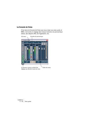 Page 60CUBASE LE5 – 60 Visite guidée
La Console de Voies
C’est dans la Console de Voies que vous mixez vos voies audio et 
MIDI, c’est-à-dire, le réglage des niveaux (volume), du panoramique 
stéréo, des départs effet, de l’égalisation, etc.
Le panneau commun contient des 
réglages qui affectent toutes les voies.Fader de niveau VU-mètreContrôle du panoramique 