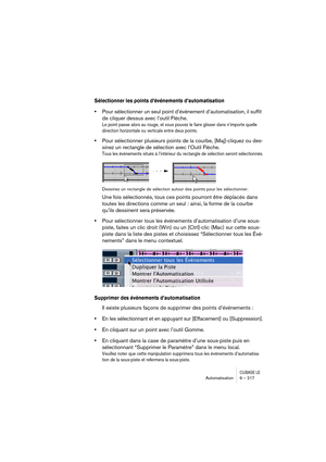 Page 217CUBASE LEAutomatisation 9 – 217
Sélectionner les points d’événements d’automatisation
•Pour sélectionner un seul point d’événement d’automatisation, il suffit 
de cliquer dessus avec l’outil Flèche.
Le point passe alors au rouge, et vous pouvez le faire glisser dans n’importe quelle 
direction horizontale ou verticale entre deux points.
•Pour sélectionner plusieurs points de la courbe, [Maj]-cliquez ou des-
sinez un rectangle de sélection avec l’Outil Flèche.
Tous les événements situés à l’intérieur du...