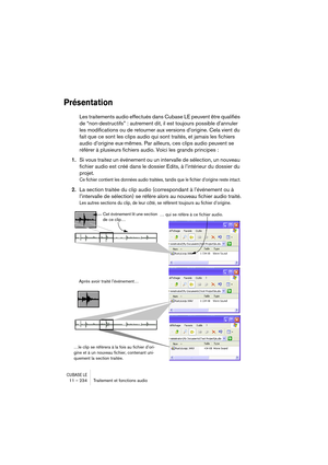 Page 234CUBASE LE11 – 234 Traitement et fonctions audio
Présentation
Les traitements audio effectués dans Cubase LE peuvent être qualifiés 
de “non-destructifs” : autrement dit, il est toujours possible d’annuler 
les modifications ou de retourner aux versions d’origine. Cela vient du 
fait que ce sont les clips audio qui sont traités, et jamais les fichiers 
audio d’origine eux-mêmes. Par ailleurs, ces clips audio peuvent se 
référer à plusieurs fichiers audio. Voici les grands principes :
1.Si vous traitez un...