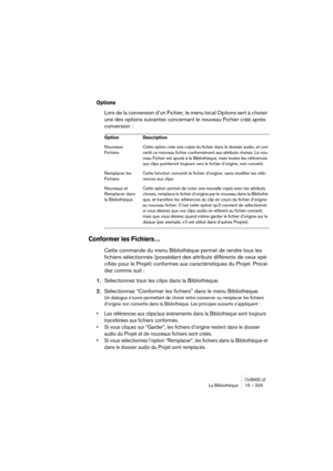 Page 329CUBASE LELa Bibliothèque 15 – 329
Options
Lors de la conversion d’un Fichier, le menu local Options sert à choisir 
une des options suivantes concernant le nouveau Fichier créé après 
conversion :
Conformer les Fichiers…
Cette commande du menu Bibliothèque permet de rendre tous les 
fichiers sélectionnés (possédant des attributs différents de ceux spé-
cifiés pour le Projet) conformes aux caractéristiques du Projet. Procé-
dez comme suit :
1.Sélectionnez tous les clips dans la Bibliothèque....