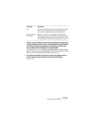 Page 349CUBASE LEParamètres temps réel MIDI 17 – 349
• Veuillez noter que l’effet des valeurs des paramètres des “Programmes” 
(servant à sélectionner des sons sur l’instrument MIDI connecté) dépend 
de l’instrument auquel est assignée la sortie MIDI, et comment vous 
l’avez configuré dans le Manageur des Appareils MIDI.
Comme décrit à la page 333, le Manageur des Appareils MIDI vous permet de spéci-
fier quels instruments ou autres appareils MIDI sont connectés aux différentes sorties 
MIDI, ce qui permet de...