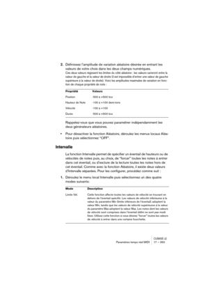 Page 353CUBASE LEParamètres temps réel MIDI 17 – 353
2.Définissez l’amplitude de variation aléatoire désirée en entrant les 
valeurs de votre choix dans les deux champs numériques.
Ces deux valeurs régissent les limites du côté aléatoire : les valeurs varieront entre la 
valeur de gauche et la valeur de droite (il est impossible d’entrer une valeur de gauche 
supérieure à la valeur de droite). Voici les amplitudes maximales de variation en fonc-
tion de chaque propriété de note : 
Rappelez-vous que vous pouvez...
