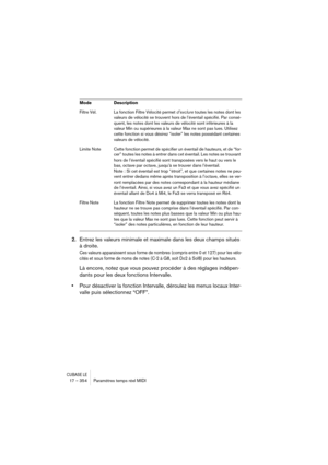 Page 354CUBASE LE17 – 354 Paramètres temps réel MIDI
2.Entrez les valeurs minimale et maximale dans les deux champs situés 
à droite.
Ces valeurs apparaissent sous forme de nombres (compris entre 0 et 127) pour les vélo-
cités et sous forme de noms de notes (C-2 à G8, soit Do2 à Sol8) pour les hauteurs.
Là encore, notez que vous pouvez procéder à des réglages indépen-
dants pour les deux fonctions Intervalle.
•Pour désactiver la fonction Intervalle, déroulez les menus locaux Inter-
valle puis sélectionnez...