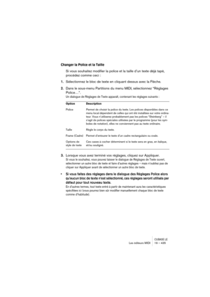 Page 435CUBASE LELes éditeurs MIDI 19 – 435
Changer la Police et la Taille
Si vous souhaitez modifier la police et la taille d’un texte déjà tapé, 
procédez comme ceci :
1.Sélectionnez le bloc de texte en cliquant dessus avec la Flèche.
2.Dans le sous-menu Partitions du menu MIDI, sélectionnez “Réglages 
Police…”.
Un dialogue de Réglages de Texte apparaît, contenant les réglages suivants :
3.Lorsque vous avez terminé vos réglages, cliquez sur Appliquer.
Si vous le souhaitez, vous pouvez laisser le dialogue de...