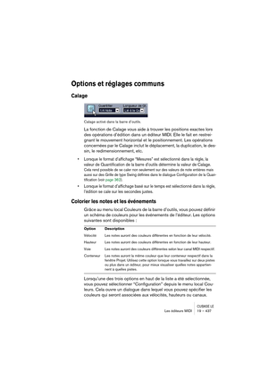 Page 437CUBASE LELes éditeurs MIDI 19 – 437
Options et réglages communs
Calage
Calage activé dans la barre d’outils.
La fonction de Calage vous aide à trouver les positions exactes lors 
des opérations d’édition dans un éditeur MIDI. Elle le fait en restrei-
gnant le mouvement horizontal et le positionnement. Les opérations 
concernées par le Calage inclut le déplacement, la duplication, le des-
sin, le redimensionnement, etc.
• Lorsque le format d’affichage “Mesures” est sélectionné dans la règle, la 
valeur de...