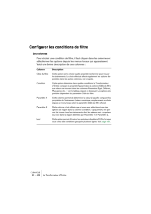 Page 452CUBASE LE20 – 452 Le Transformateur d’Entrée
Configurer les conditions de filtre
Les colonnes 
Pour choisir une condition de filtre, il faut cliquer dans les colonnes et 
sélectionner les options depuis les menus locaux qui apparaissent. 
Voici une brève description de ces colonnes :
Colonne Description
Cible du filtre Cette option sert à choisir quelle propriété rechercher pour trouver 
les événements. Le choix effectué affecte également les options dis-
ponibles dans les autres colonnes, voir...