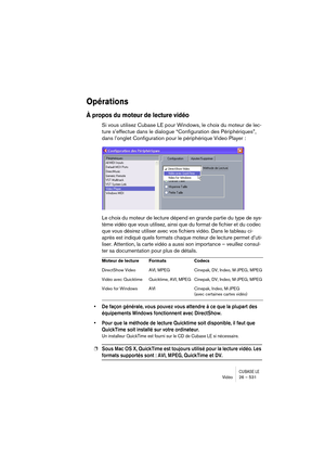 Page 531CUBASE LEVidéo 26 – 531
Opérations
À propos du moteur de lecture vidéo
Si vous utilisez Cubase LE pour Windows, le choix du moteur de lec-
ture s’effectue dans le dialogue “Configuration des Périphériques”, 
dans l’onglet Configuration pour le périphérique Video Player :
Le choix du moteur de lecture dépend en grande partie du type de sys-
tème vidéo que vous utilisez, ainsi que du format de fichier et du codec 
que vous désirez utiliser avec vos fichiers vidéo. Dans le tableau ci-
après est indiqué...