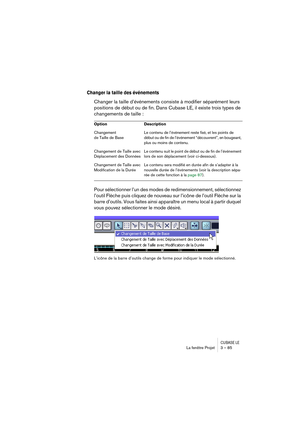 Page 85CUBASE LELa fenêtre Projet 3 – 85
Changer la taille des événements
Changer la taille d’événements consiste à modifier séparément leurs 
positions de début ou de fin. Dans Cubase LE, il existe trois types de 
changements de taille :
Pour sélectionner l’un des modes de redimensionnement, sélectionnez 
l’outil Flèche puis cliquez de nouveau sur l’icône de l’outil Flèche sur la 
barre d’outils. Vous faites ainsi apparaître un menu local à partir duquel 
vous pouvez sélectionner le mode désiré.
L’icône de la...