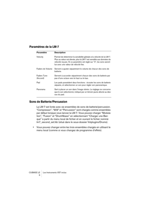 Page 6 
CUBASE LE Les Instruments VST inclus
 6 
Paramètres de la LM-7
Sons de Batterie/Percussion
 
La LM-7 est livrée avec six ensembles de sons de batterie/percussion. 
“Compressor”, “909” et “Percussion” sont chargés comme ensembles 
par défaut lorsque vous lancez la LM-7. Vous pouvez charger “Modula-
tion”, “Fusion” et “DrumNbass” en sélectionnant “Charger une Ban-
que” à partir du menu local de fichier et en ouvrant le fichier nommé 
lm7_second_set.fxb (situé dans le sous-dossier Vstplugins/Drums).  
•...