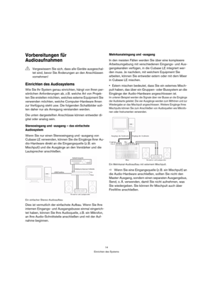 Page 1414
Einrichten des Systems
Vorbereitungen für 
Audioaufnahmen
Einrichten des Audiosystems
Wie Sie Ihr System genau einrichten, hängt von Ihren per-
sönlichen Anforderungen ab, z.B. welche Art von Projek-
ten Sie erstellen möchten, welches externe Equipment Sie 
verwenden möchten, welche Computer-Hardware Ihnen 
zur Verfügung steht usw. Die folgenden Schaltbilder soll-
ten daher nur als Anregung verstanden werden.
Die unten dargestellten Anschlüsse können entweder di-
gital oder analog sein.
Stereoeingang...