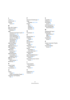 Page 6060
Stichwortverzeichnis
L
Latenz 21
Local On/Off 19
Löschen
Events 38
M
Mac OS X-Treiber 9
Metronom-Click
Einstellen 27
MIDI
Aufnahmemodi (ohne Cycle) 45
Aufnehmen 41, 43
Cycle-Aufnahme 45
Cycle-Wiedergabe 44
Löschen von Noten 46
Notenkopieren 47
Quantisieren 45
Wiedergabe 44
MIDI-Anschlüsse
Einrichten 20
MIDI-Bearbeitung 41
MIDI-Eingang
Einstellen 43
MIDI-Noten
Einzeichnen 47
Erzeugen 47
MIDI-Schnittstelle
Anschließen 18
Installation (PC) 11
MIDI-Thru aktiv 19
Mithören
Beschreibung 18
Monitoring 18
N...