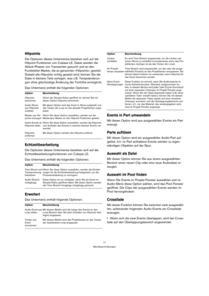 Page 1111
Menübeschreibungen
Hitpoints
Die Optionen dieses Untermenüs beziehen sich auf die 
Hitpoint-Funktionen von Cubase LE. Dabei werden die 
Attack-Phasen von Transienten gesucht und an den 
Fundstellen Marker, die so genannten »Hitpoints«, gesetzt. 
Sobald alle Hitpoints richtig gesetzt sind, können Sie die 
Datei in kleinere Teile zerlegen, was z.B. Tempoänderun-
gen ohne gleichzeitige Änderung der Tonhöhe ermöglicht.
Das Untermenü enthält die folgenden Optionen:
Echtzeitbearbeitung
Die Optionen dieses...