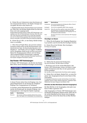 Page 1111
VST-Verbindungen: Einrichten von Ein- und Ausgangsbussen
4.Klicken Sie zum Umbenennen eines Anschlusses auf 
den entsprechenden Namen in der Spalte »Anzeigen als« 
und geben Sie einen neuen Namen ein.
•Gegebenenfalls können Sie Anschlüsse auch ausschal-
ten, indem Sie in die Sichtbar-Spalte klicken (so dass das 
Kreuz nicht mehr angezeigt wird).
Ausgeschaltete Anschlüsse werden im Dialog »VST-Verbindungen« nicht 
angezeigt, wenn Sie dort Buseinstellungen vornehmen. Wenn Sie versu-
chen, einen...