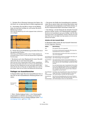 Page 124124
Der Sample-Editor
1.Schalten Sie im Elemente-Untermenü die Option »Au-
dio-Event« ein, so dass das Event im Editor angezeigt wird.
2.Verschieben Sie das Bild so lange mit der Bildlauf-
leiste, bis das Event sichtbar ist, und suchen Sie die R-
Markierung im Event.
Wenn Sie diese Markierung nicht vorher angepasst haben, befindet sie 
sich am Beginn.
3.Klicken Sie auf die R-Markierung und ziehen Sie sie an 
die gewünschte Position.
Wenn Sie an der R-Markierung ziehen, wird ein Tooltip angezeigt, der...