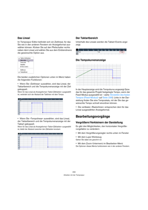 Page 234234
Arbeiten mit der Tempospur
Das Lineal
Im Tempospur-Editor befindet sich ein Zeitlineal, für das 
Sie wie in den anderen Fenstern ein Anzeigeformat aus-
wählen können. Klicken Sie auf den Pfeilschalter rechts 
neben dem Lineal und wählen Sie aus dem Einblendmenü 
die gewünschte Option aus.
Die beiden zusätzlichen Optionen unten im Menü haben 
die folgenden Funktionen:
Wenn Sie »Zeitlinear« auswählen, sind das Lineal, der 
Taktartbereich und die Tempokurvenanzeige mit der Zeit 
gekoppelt.
Wenn für das...