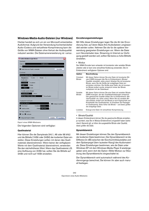 Page 242242
Exportieren eines Audio-Mixdowns
Windows-Media-Audio-Dateien (nur Windows)
Hierbei handelt es sich um ein von Microsoft entwickeltes 
Audioformat. Aufgrund der Verwendung hochentwickelter 
Audio-Codecs und verlustfreier Komprimierung kann die 
Größe von WMA-Dateien ohne Verlust der Audioqualität 
reduziert werden. Die Dateinamenerweiterung ist ».wma«.
Export eines WMA-Mixdowns
Die folgenden Optionen sind verfügbar:
Quellmaterial
Hier können Sie die Samplerate (44,1, 48 oder 96 kHz) 
und die Bittiefe...