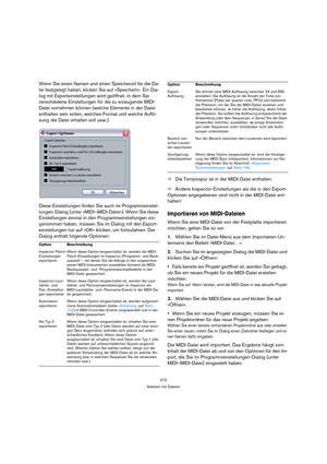 Page 272272
Arbeiten mit Dateien
Wenn Sie einen Namen und einen Speicherort für die Da-
tei festgelegt haben, klicken Sie auf »Speichern«. Ein Dia-
log mit Exporteinstellungen wird geöffnet, in dem Sie 
verschiedene Einstellungen für die zu erzeugende MIDI-
Datei vornehmen können (welche Elemente in der Datei 
enthalten sein sollen, welches Format und welche Auflö-
sung die Datei erhalten soll usw.).
Diese Einstellungen finden Sie auch im Programmeinstel-
lungen-Dialog (unter »MIDI–MIDI-Datei«). Wenn Sie diese...