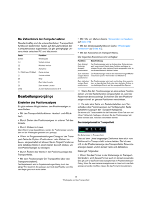 Page 4545
Wiedergabe und das Transportfeld
Der Zahlenblock der Computertastatur
Standardmäßig sind die unterschiedlichen Transportfeld-
funktionen bestimmten Tasten auf dem Zahlenblock der 
Computertastatur zugewiesen. Es gibt geringfügige Un-
terschiede zwischen PC und Macintosh:
Bearbeitungsvorgänge
Einstellen des Positionszeigers
Es gibt mehrere Möglichkeiten, den Positionszeiger zu 
verschieben:
Mit den Transportfeldfunktionen »Vorlauf« und »Rück-
lauf«.
Durch Ziehen des Positionszeigers im unteren Teil des...