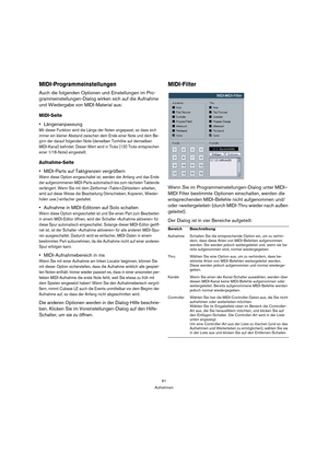 Page 6161
Aufnehmen
MIDI-Programmeinstellungen
Auch die folgenden Optionen und Einstellungen im Pro-
grammeinstellungen-Dialog wirken sich auf die Aufnahme 
und Wiedergabe von MIDI-Material aus:
MIDI-Seite
Längenanpassung
Mit dieser Funktion wird die Länge der Noten angepasst, so dass sich 
immer ein kleiner Abstand zwischen dem Ende einer Note und dem Be-
ginn der darauf folgenden Note (derselben Tonhöhe auf demselben 
MIDI-Kanal) befindet. Dieser Wert wird in Ticks (120 Ticks entsprechen 
einer 1/16-Note)...