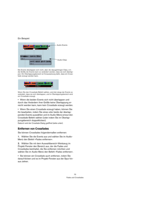 Page 7070
Fades und Crossfades
Ein Beispiel:
Die Events überlappen sich nicht, aber die dazugehörigen Clips, d. h. 
die Größe der Events kann so verändert werden, dass sie sich überlap-
pen. Ein Überlappungsbereich ist Voraussetzung dafür, dass ein Cross-
fade erzeugt werden kann.
Wenn Sie den Crossfade-Befehl wählen, wird die Länge der Events so 
verändert, dass sie sich überlappen, und im Überlappungsbereich wird 
ein Crossfade erzeugt.
Wenn die beiden Events sich nicht überlappen und 
durch das Verändern...