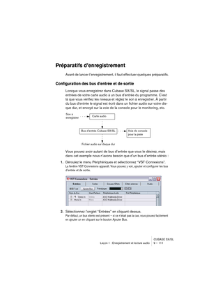 Page 111CUBASE SX/SL
Leçon 1 : Enregistrement et lecture audio 9 – 111
Préparatifs d’enregistrement
Avant de lancer l’enregistrement, il faut effectuer quelques préparatifs.
Configuration des bus d’entrée et de sortie
Lorsque vous enregistrez dans Cubase SX/SL, le signal passe des 
entrées de votre carte audio à un bus d’entrée du programme. C’est 
là que vous vérifiez les niveaux et réglez le son à enregistrer. À partir 
du bus d’entrée le signal est écrit dans un fichier audio sur votre dis-
que dur, et envoyé...