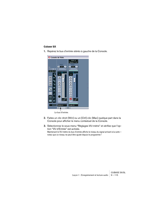 Page 115CUBASE SX/SL
Leçon 1 : Enregistrement et lecture audio 9 – 115
Cubase SX
1.Repérez le bus d’entrée stéréo à gauche de la Console.
2.Faites un clic droit (Win) ou un [Ctrl]-clic (Mac) quelque part dans la 
Console pour afficher le menu contextuel de la Console.
3.Sélectionnez le sous-menu “Réglages VU-mètre” et vérifiez que l’op-
tion “VU d’Entrée” est activée.
Maintenant le VU-mètre du bus d’entrée affiche le niveau du signal arrivant à la carte – 
notez que ce niveau ne peut être ajusté depuis le...