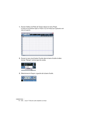 Page 202CUBASE SX/SL15 – 202 Leçon 7: Boucles audio adaptées au tempo
1.Ouvrez l’éditeur de Piste de Tempo depuis le menu Projet.
Le tempo est actuellement réglé sur 75 bpm ce qui est indiqué par la graduation verti-
cale sur la gauche.
2.Ouvrez le menu local Insérer Courbe dans la barre d’outils et sélec-
tionnez “Rampe” comme type de courbe.
3.Sélectionnez le Crayon, à gauche de la barre d’outils.    