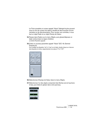 Page 53CUBASE SX/SL
Périphériques MIDI 1 – 53
Le Triton possède un curseur appelé “Value” (désigné le plus souvent 
sous le nom de curseur de valeur), doublé de deux touches d’incré-
mentation et de décrémentation. Pour recréer ces contrôles, il nous 
faut un objet Fader et un objet Champ de Valeur.
34.Passez dans Faders sur le menu Objets, puis glissez/déposez un 
fader vertical dans la région d’édition.
La fenêtre Paramètre apparaît. 
35.Créez un nouveau paramètre appelé “Value” (CC 18, General 
Purpose 3)....