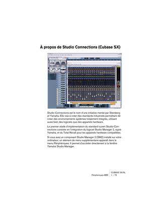 Page 73CUBASE SX/SL
Périphériques MIDI 1 – 73
À propos de Studio Connections (Cubase SX)
Studio Connections est le nom d’une initiative menée par Steinberg 
et Yamaha. Elle vise à créer des standards industriels permettant de 
créer des environnements systèmes totalement intégrés, utilisant 
aussi bien des logiciels que des appareils hardware.
Le premier stade d’implémentation du standard ouvert Studio Con-
nections consiste en l’intégration du logiciel Studio Manager 2, signé 
Yamaha, et du Total Recall pour...