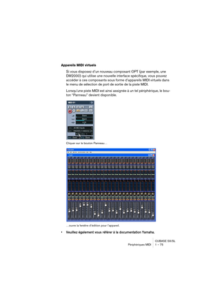 Page 75CUBASE SX/SL
Périphériques MIDI 1 – 75
Appareils MIDI virtuels
Si vous disposez d’un nouveau composant OPT (par exemple, une 
DM2000) qui utilise une nouvelle interface spécifique, vous pouvez 
accéder à ces composants sous forme d’appareils MIDI virtuels dans 
le menu de sélection de port de sortie de la piste MIDI.
Lorsqu’une piste MIDI est ainsi assignée à un tel périphérique, le bou-
ton “Panneau” devient disponible.
Cliquer sur le bouton Panneau…
…ouvre la fenêtre d’édition pour l’appareil.
•...