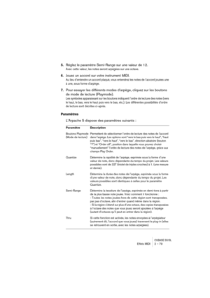 Page 79CUBASE SX/SLEffets MIDI 2 – 79
5.Réglez le paramètre Semi-Range sur une valeur de 12.
Avec cette valeur, les notes seront arpégées sur une octave.
6.Jouez un accord sur votre instrument MIDI.
Au lieu d’entendre un accord plaqué, vous entendrez les notes de l’accord jouées une 
à une, sous forme d’arpège.
7.Pour essayer les différents modes d’arpège, cliquez sur les boutons 
de mode de lecture (Playmode).
Les symboles apparaissant sur les boutons indiquent l’ordre de lecture des notes (vers 
le haut, le...