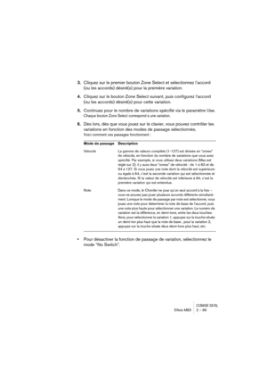 Page 89CUBASE SX/SLEffets MIDI 2 – 89
3.Cliquez sur le premier bouton Zone Select et sélectionnez l’accord 
(ou les accords) désiré(s) pour la première variation.
4.Cliquez sur le bouton Zone Select suivant, puis configurez l’accord 
(ou les accords) désiré(s) pour cette variation.
5.Continuez pour le nombre de variations spécifié via le paramètre Use.
Chaque bouton Zone Select correspond à une variation.
6.Dès lors, dès que vous jouez sur le clavier, vous pouvez contrôler les 
variations en fonction des modes...