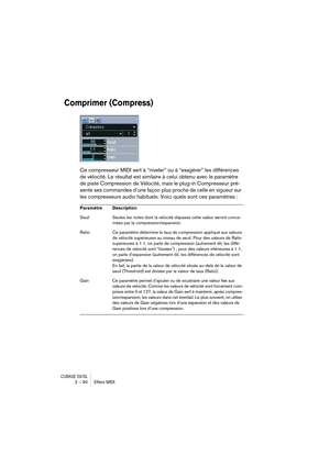 Page 90CUBASE SX/SL2 – 90 Effets MIDI
Comprimer (Compress)
Ce compresseur MIDI sert à “niveler” ou à “exagérer” les différences 
de vélocité. Le résultat est similaire à celui obtenu avec le paramètre 
de piste Compression de Vélocité, mais le plug-in Compresseur pré-
sente ses commandes d’une façon plus proche de celle en vigueur sur 
les compresseurs audio habituels. Voici quels sont ces paramètres :
Paramètre Description
Seuil Seules les notes dont la vélocité dépasse cette valeur seront conce-
rnées par la...