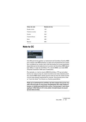 Page 99CUBASE SX/SLEffets MIDI 2 – 99
Note to CC
Cet effet permet de générer un événement de Contrôleur Continu MIDI 
pour chaque note MIDI entrante. La valeur de cet événement de contrô-
leur correspond au numéro de la note (sa hauteur) et le seul paramètre 
disponible permet de sélectionner le numéro de Contrôleur MIDI désiré 
(par défaut, il s’agit du Contrôleur n°7, volume MIDI). Les notes MIDI 
entrantes traversent l’effet sans modification.
Par exemple, si c’est le volume MIDI (Contrôleur n°7) qui est...